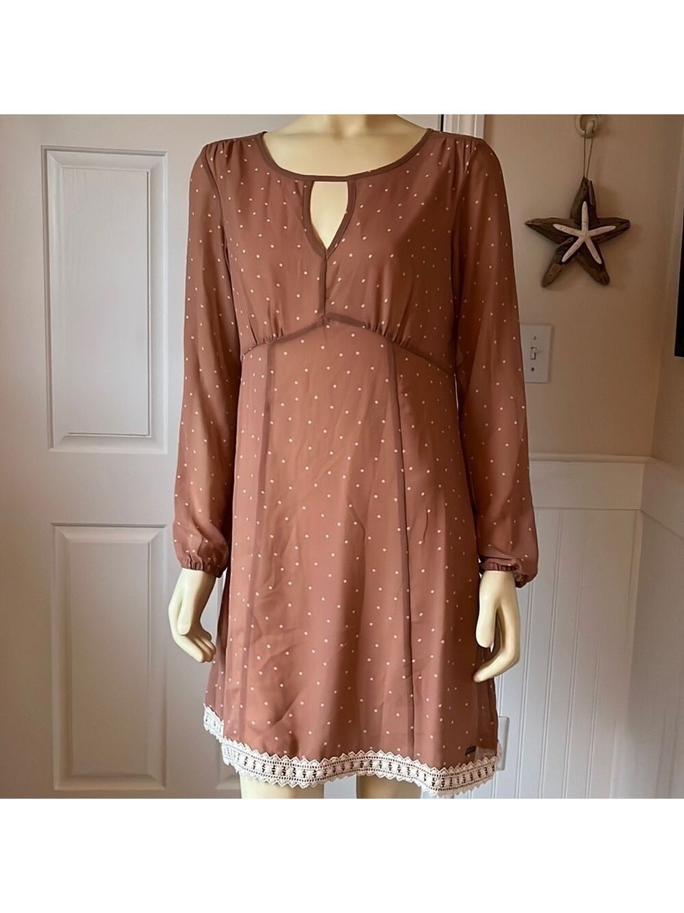 NWT Mismash Sheer Bubble Sleeves Taupe with Cream Polka Dots Dress M